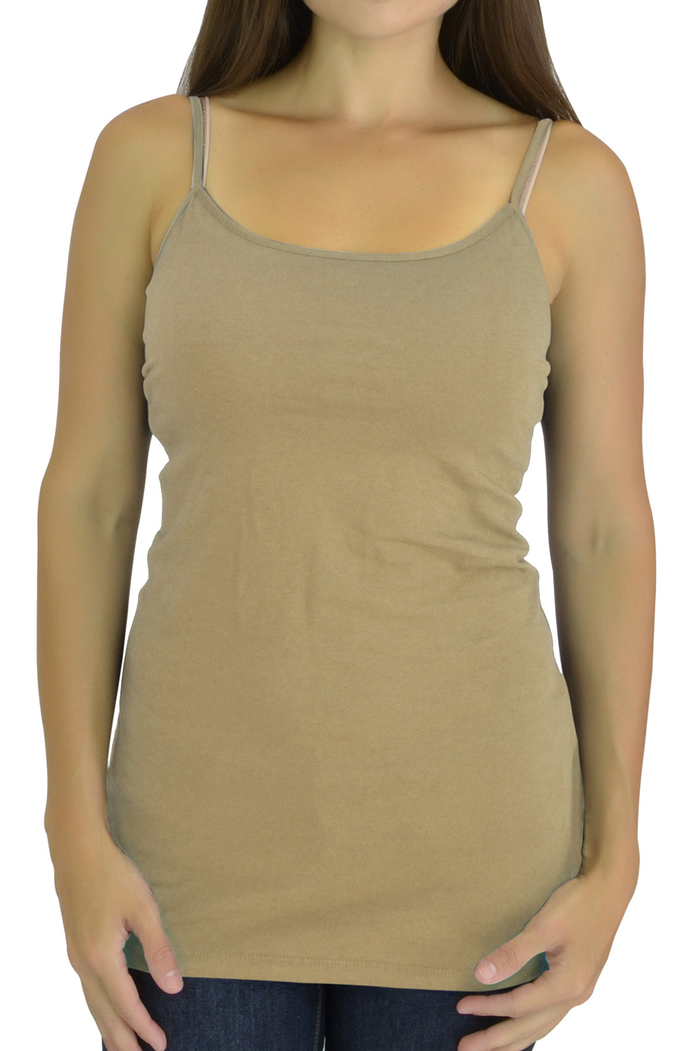 Belle Donne Women Extra Long Tank Top Built in Shelf Bra - Taupe Small