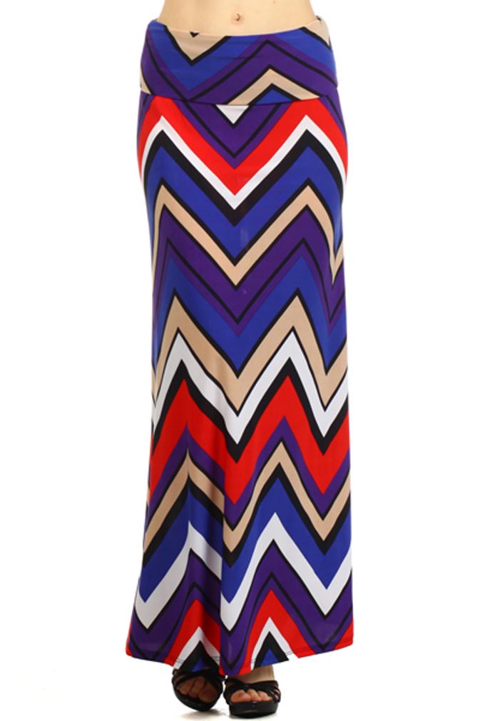Belle Donne - Women's Designer Maxi Skirt Rayon Spandex Multi-color Chevron Long Skirt - RoyalBlue