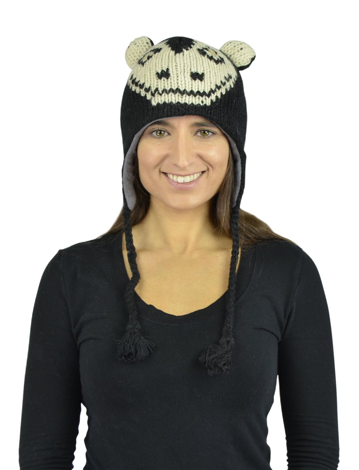Belle Donne - Unisex Winter Knit Capuchin Animal Hats with Pom Pom - Black