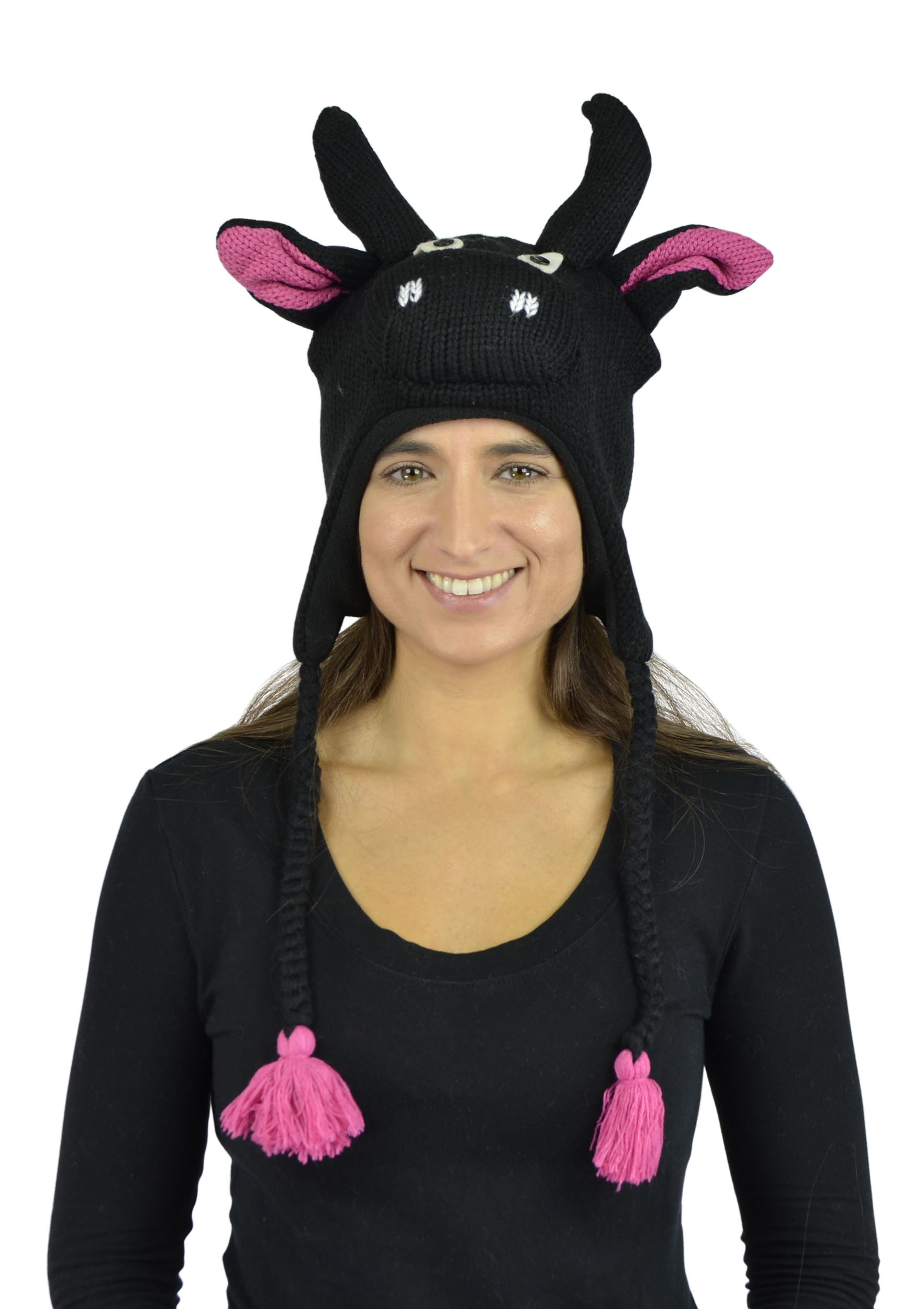 Belle Donne - Unisex Winter Knit Bull Animal Hats with Pom Pom - Black