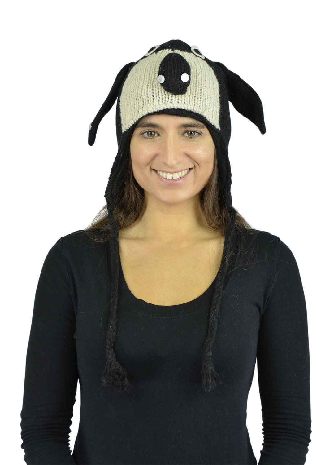 Belle Donne - Unisex Winter Knit Beagle Animal Hats with Pom Pom - Black