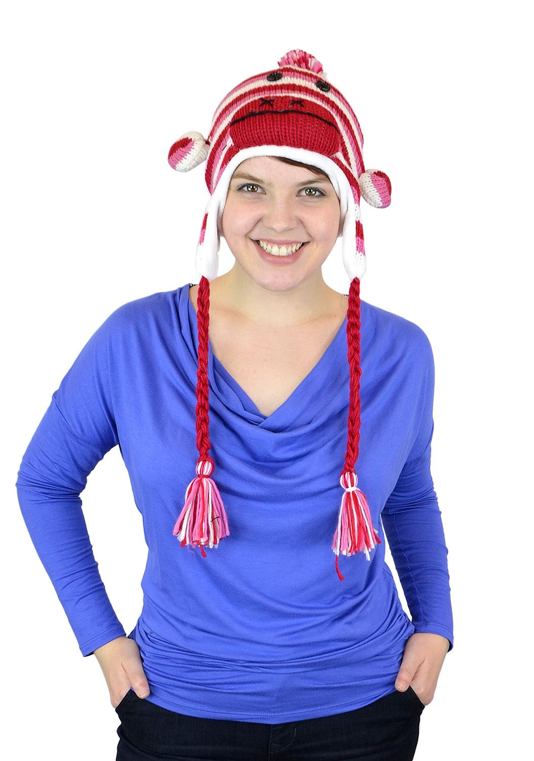 Belle Donne - Unisex Winter Monkey Animal Hats with Pom Pom - Red