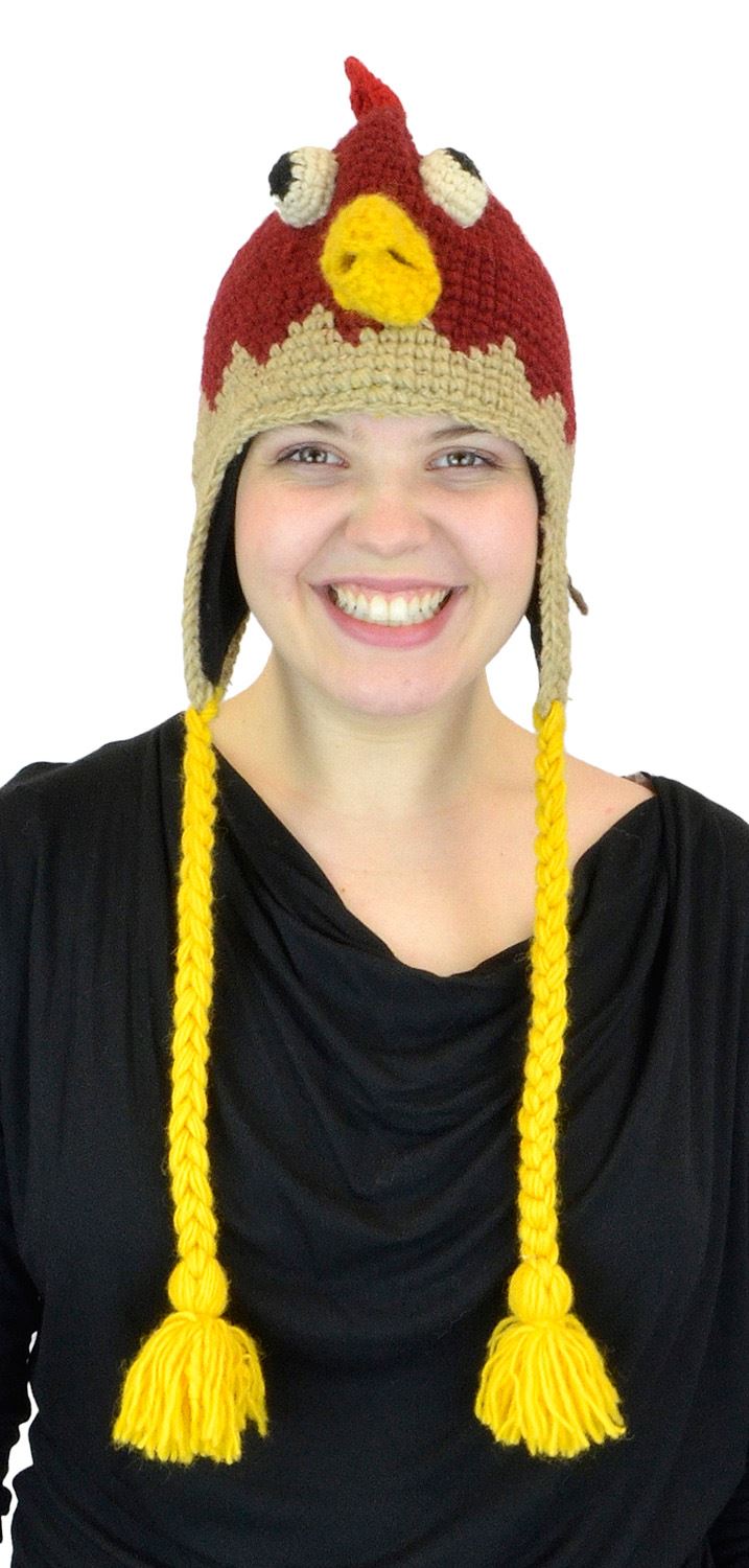 Belle Donne - Unisex Winter Slouchy Beanie / Rooster Animal Hat With Pom Pom - Red