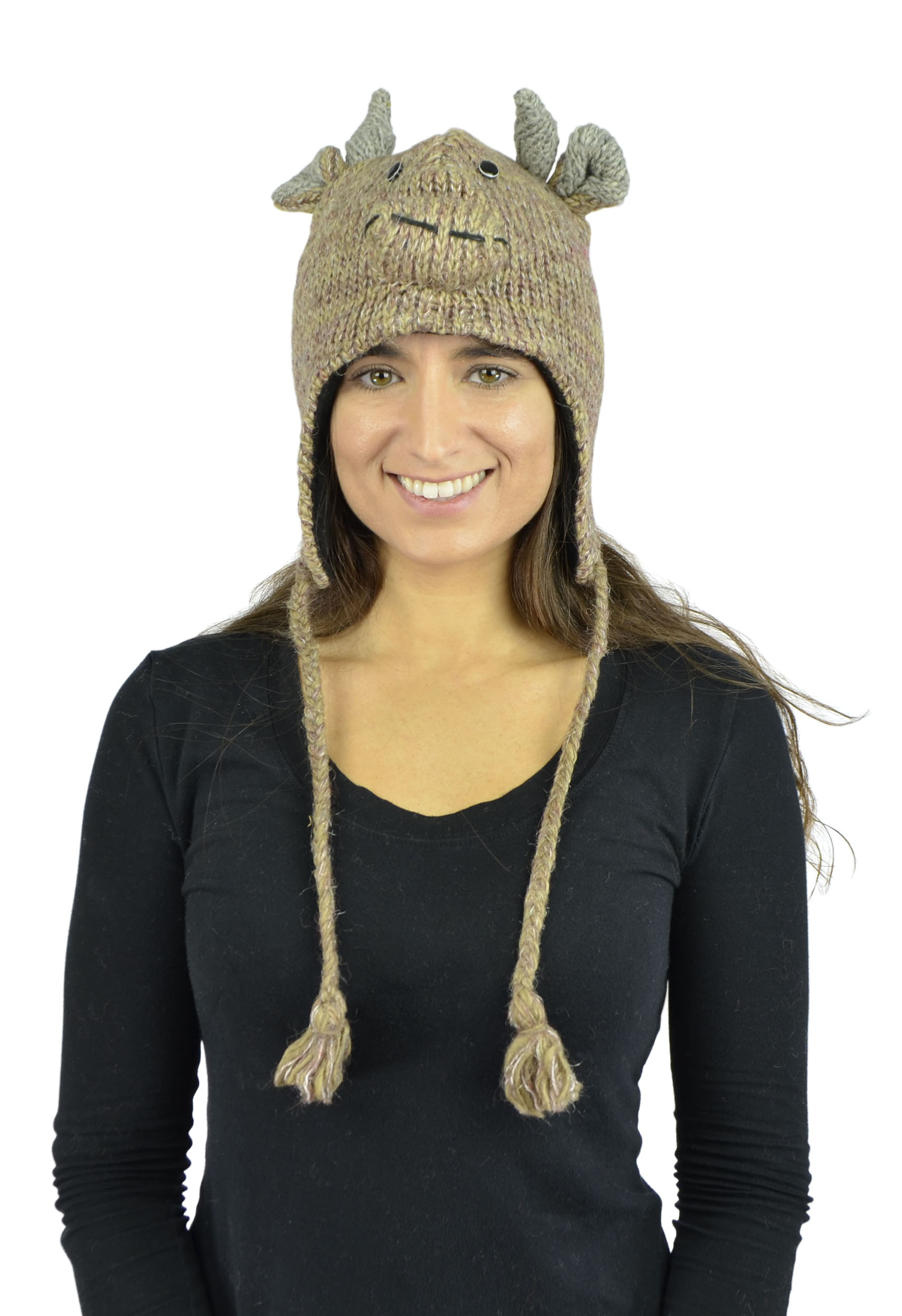 Belle Donne - Unisex Winter Knit Bull Animal Hats With Pom Pom - LightBrown