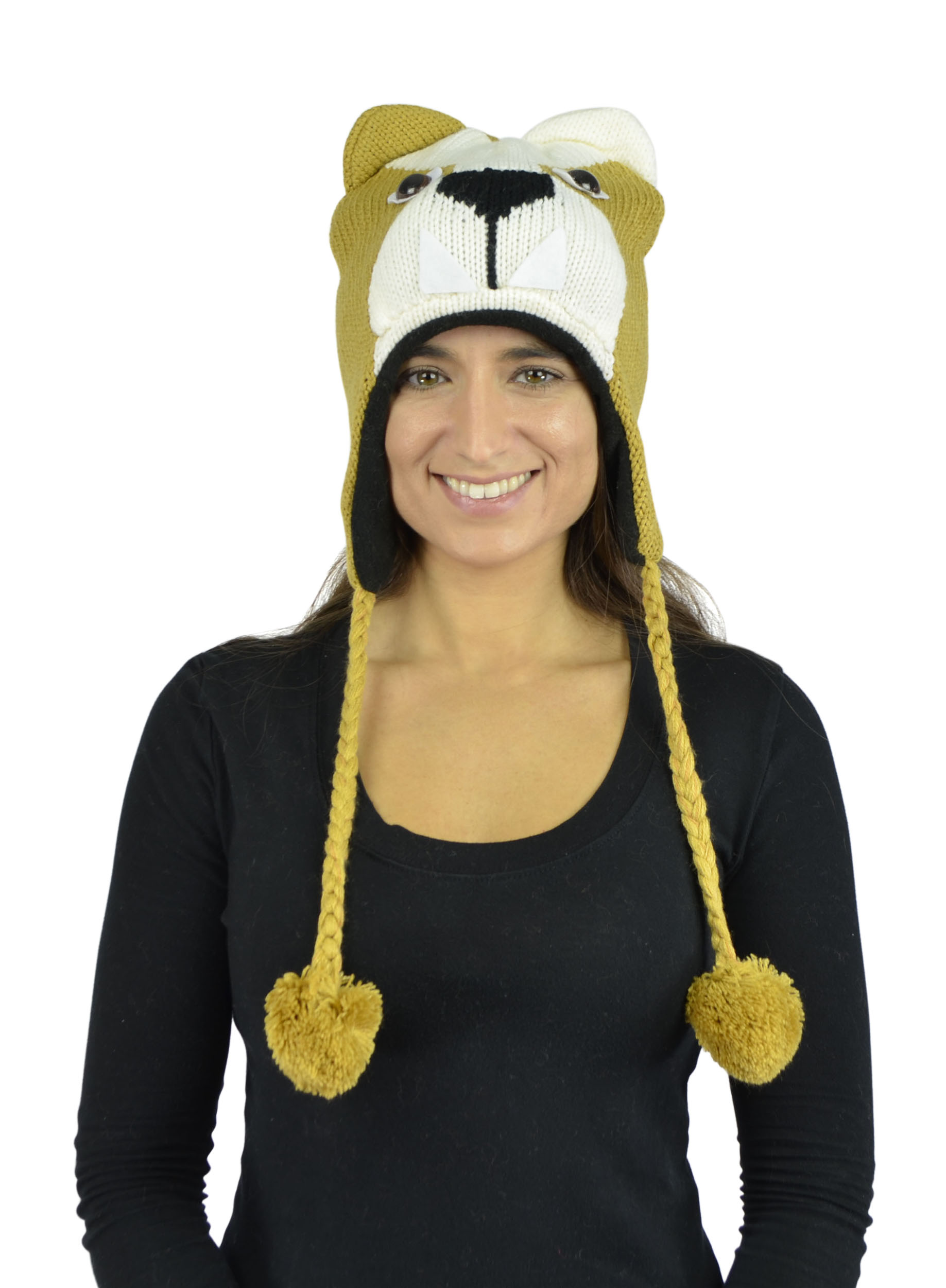 Belle Donne - Unisex Winter Knit Puppy Animal Hats With Pom Pom - Mustard