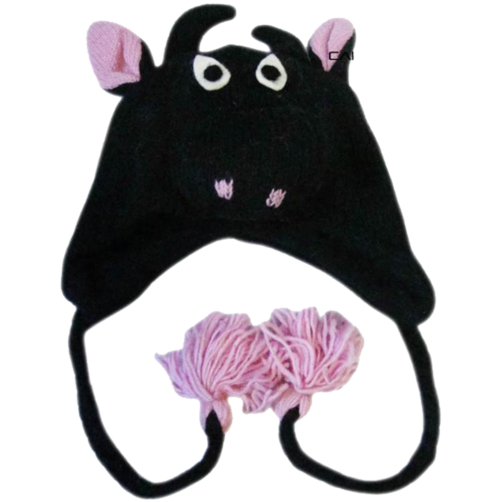 Belle Donne - Winter Hats Animal Hats Pom Pom Style Knit Plush Beanies for Women - Bull