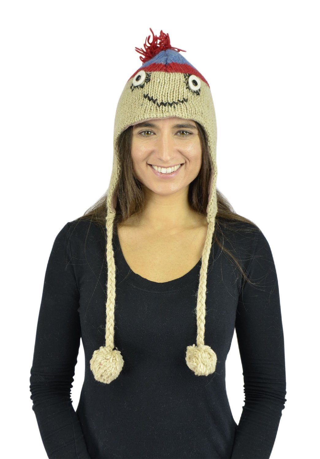 Belle Donne - Unisex Winter Knit Atan Animal Hats With Pom Pom - Tan