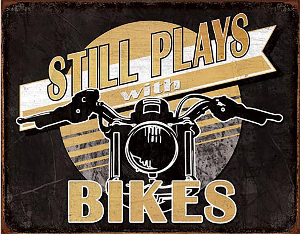 Shop72 - Still Plays with Bikes Tin Sign Bikes Tin Sign Retro Vintage Distressed - with Sticky Stripes No Damage to Walls