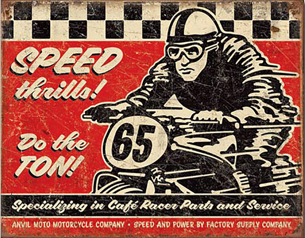 Shop72 - Speed Thrills Tin Sign Bikes Tin Sign Retro Vintage Distressed - with Sticky Stripes No Damage to Walls
