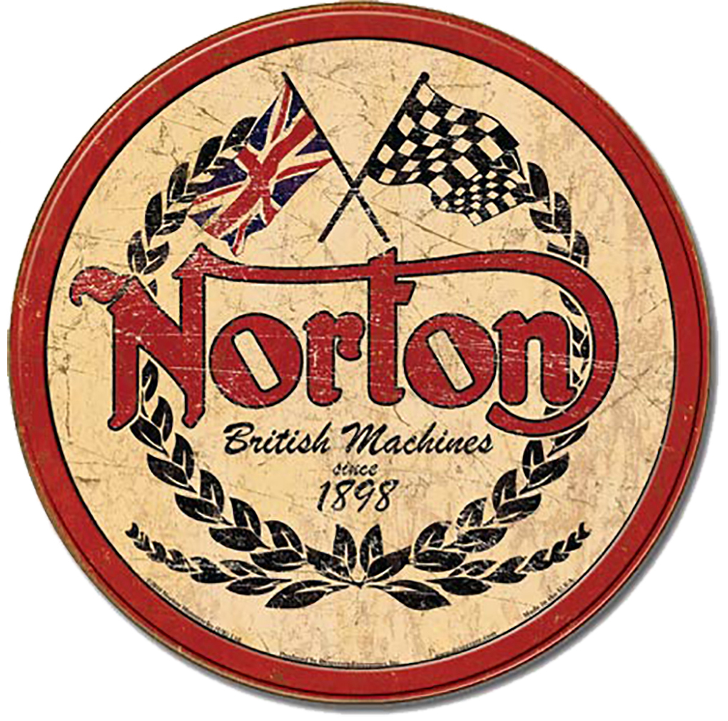 Shop72 - Norton - Logo Round Tin Sign Bikes Tin Sign Retro Vintage Distressed - with Sticky Stripes No Damage to Walls