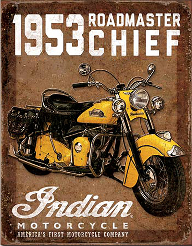 Shop72 - Indian Motorcycle - 1953 Indian Roadmaster Chief Tin Sign Bikes Tin Sign Retro Vintage Distressed - with Sticky Stripes No Damage to Walls