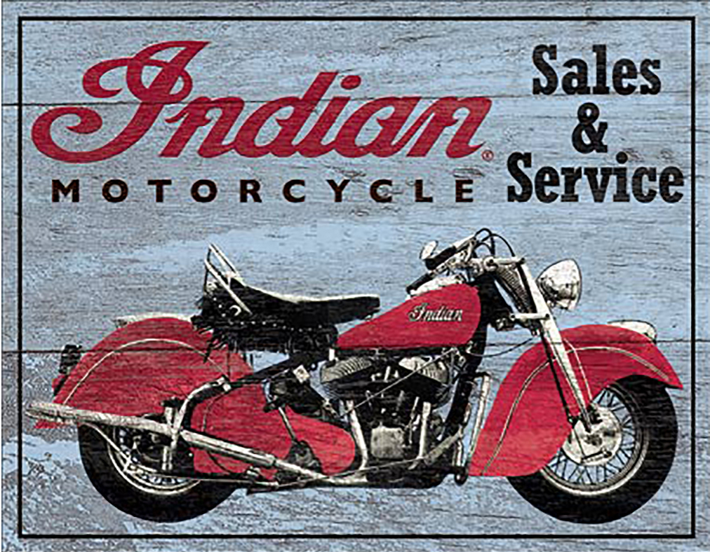 Shop72 - Indian Motorcycle Sales and Service Tin Sign Bikes Tin Sign Retro Vintage Distressed - with Sticky Stripes No Damage to Walls