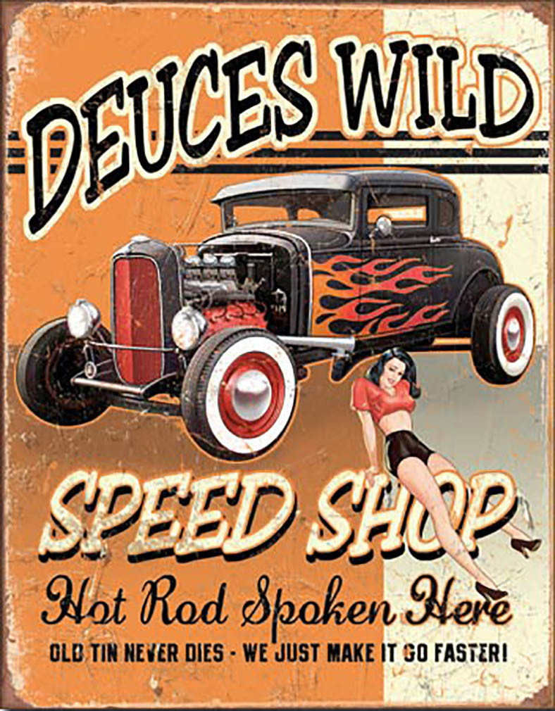 Shop72 - Deuces Wild Speed Shop Tin Sign Retro Vintage Distrssed - with Sticky Stripes No Damage to Walls