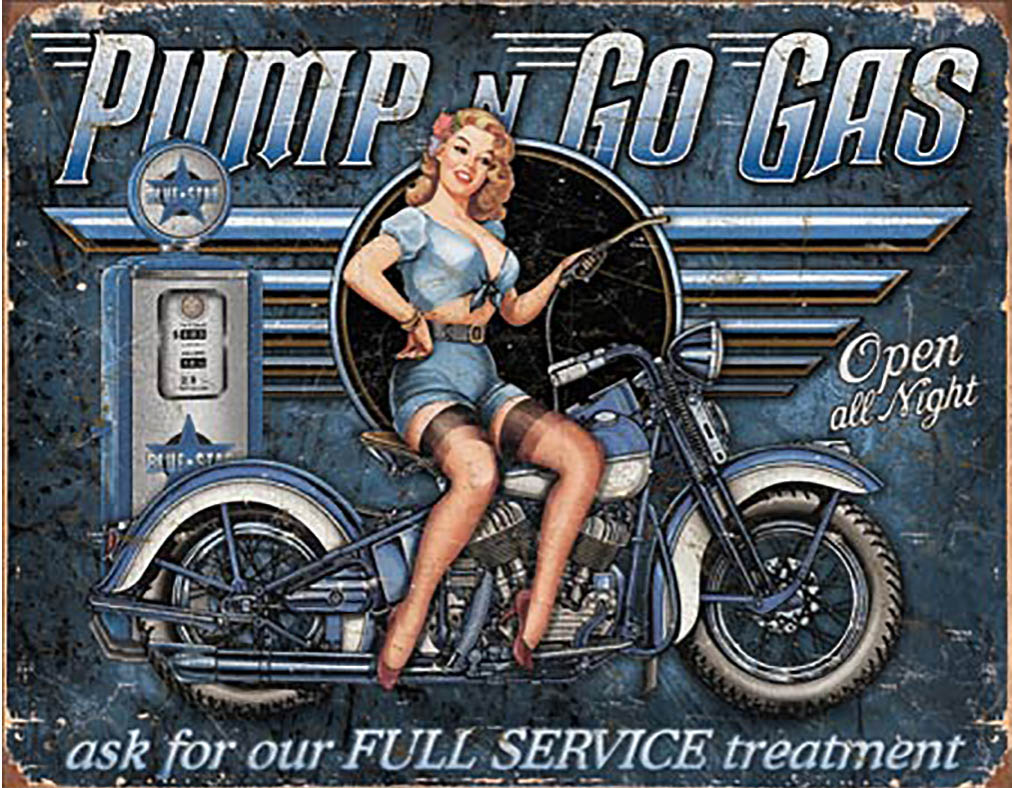 Shop72 - Pump and Go Gas Tin Sign Retro Vintage Distrssed - with Sticky Stripes No Damage to Walls