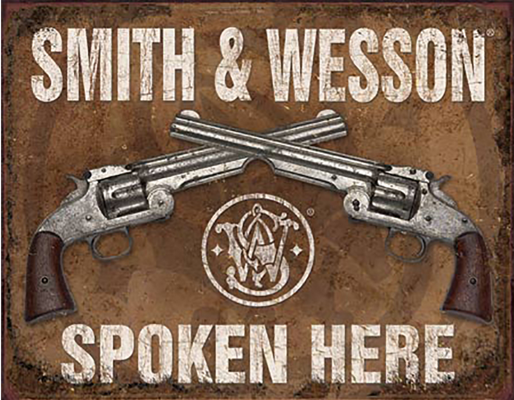 Shop72 - Smith & Wesson Spoken Here Tin Sign Retro Vintage Distrssed - with Sticky Stripes No Damage to Walls