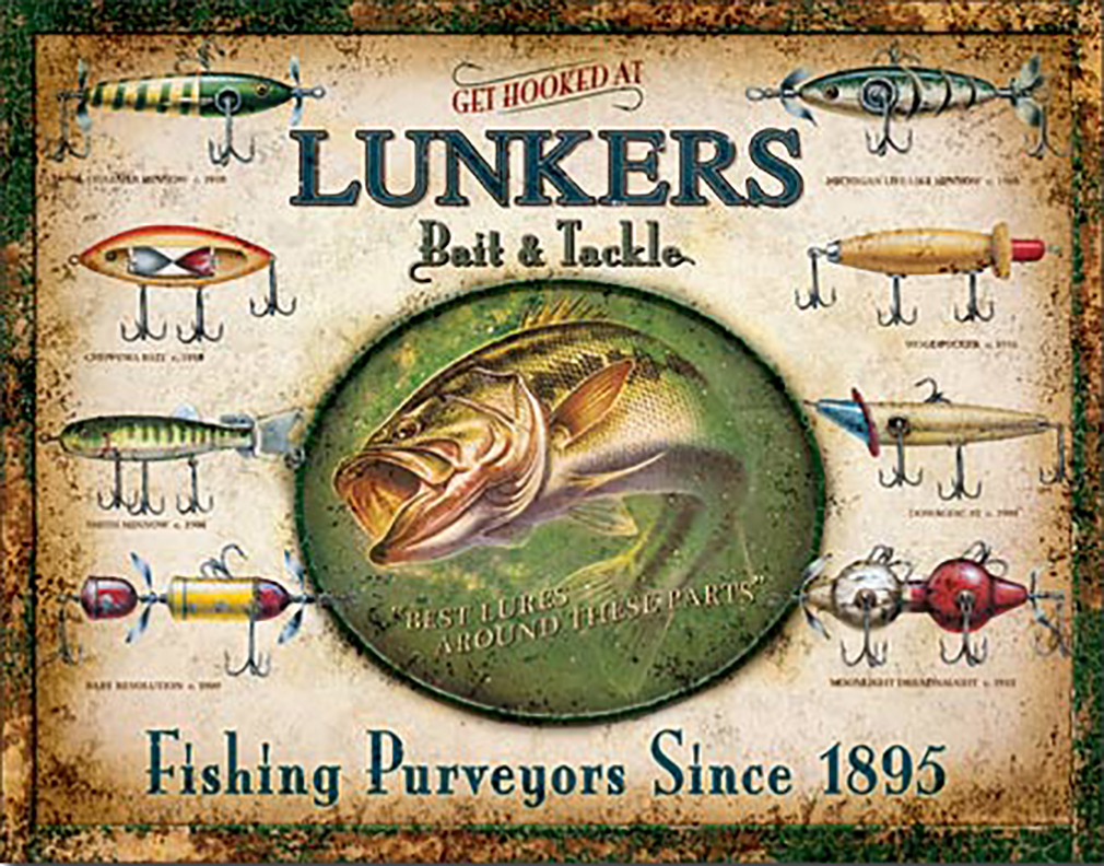Shop72 - Lunker's Baits n Tackles Tin Sign Retro Vintage Distrssed - with Sticky Stripes No Damage to Walls