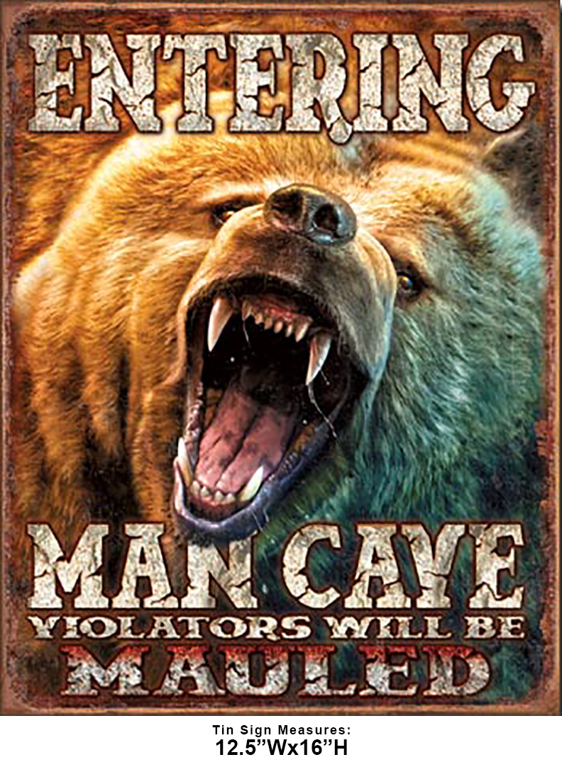 Shop72 - Cabin Wear Man Cave - Grizzly Tin Sign Retro Vintage Distrssed - with Sticky Stripes No Damage to Walls