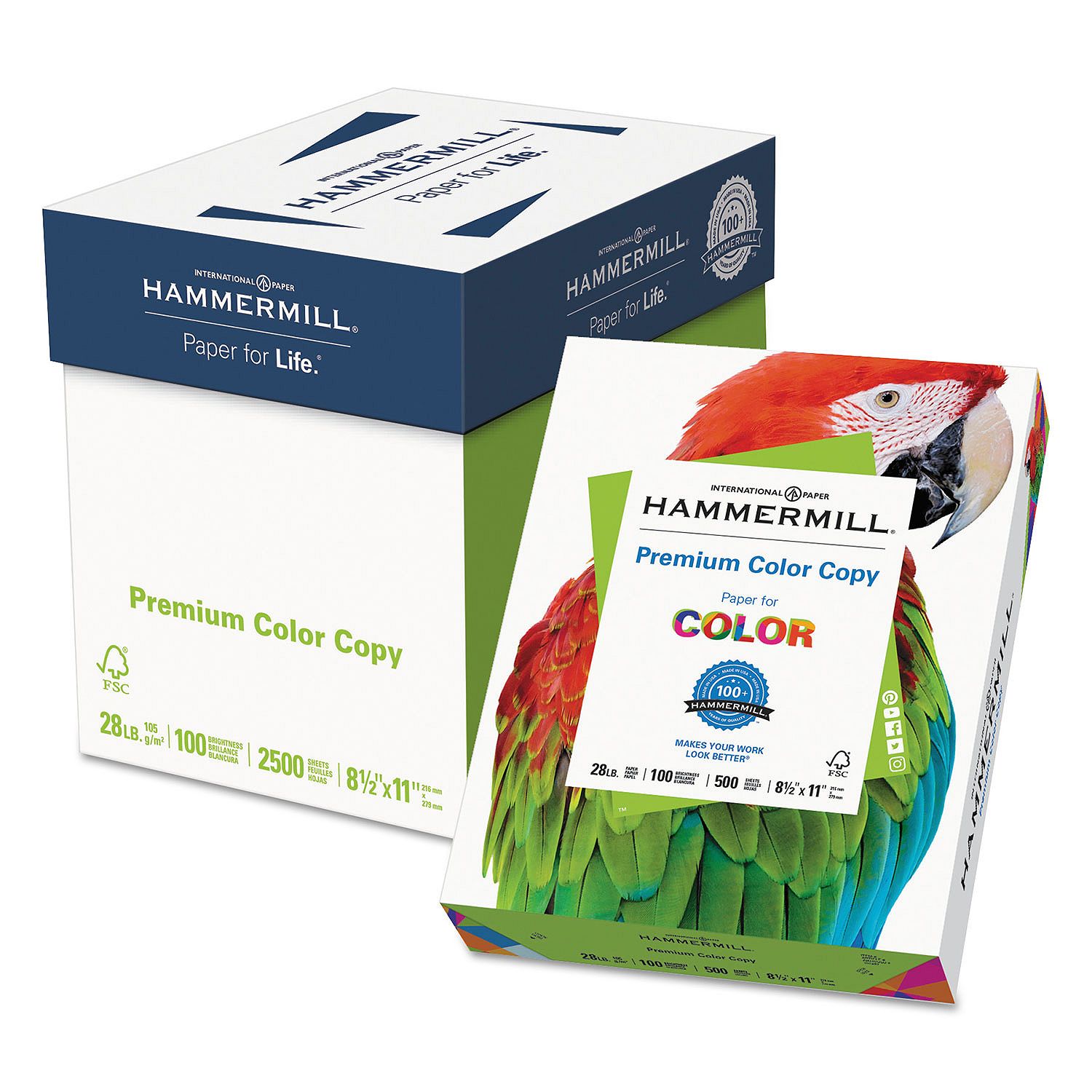 Hammermill Color Copy Paper (102450), 100 Bright, 28 lb., Letter, Photo White, 500/Ream, 5 Reams/Carton
