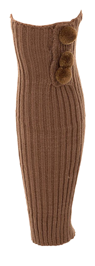 Belle Donne- Leg Warmer Solid Ribbed Knit Tie With Pom Pom Or Flower For Winter - Taupe