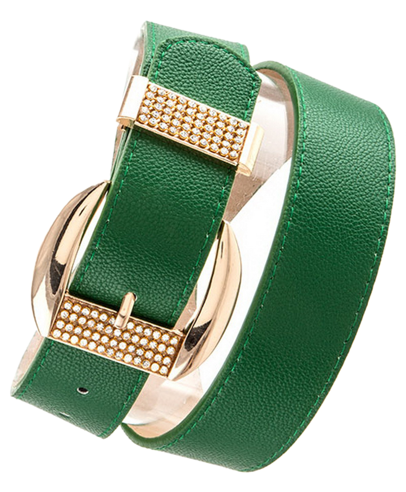 Belle Donne Women Dress Belts Rhinestone Buckle Fashion Belts Many Styles Colors - Green