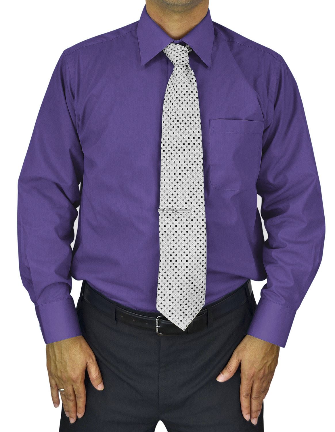 Mens Dress Shirt Slim and Regular Fit Office Casual French Cuff Moda Di Raza - Purple 14.5