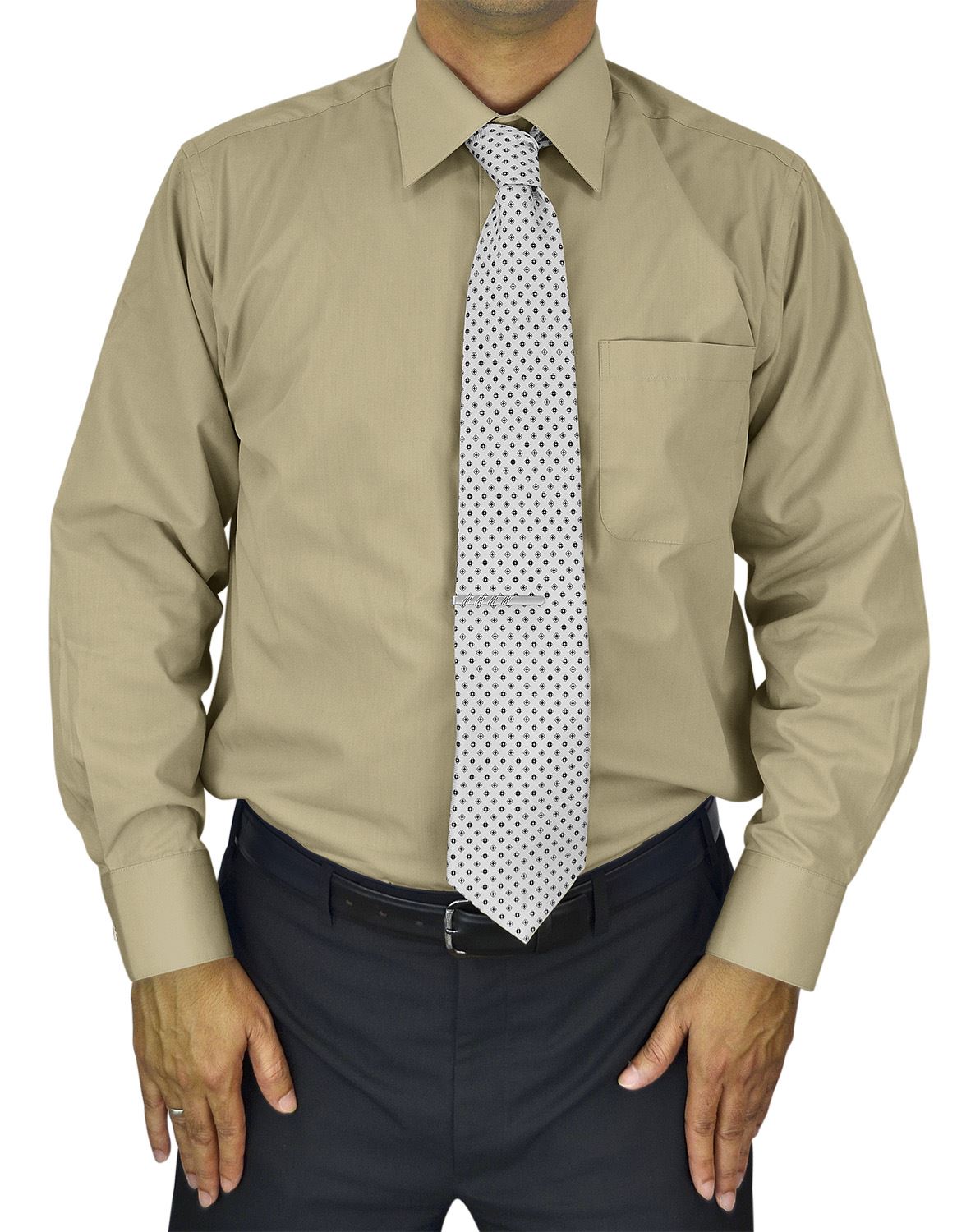 Mens Dress Shirt Slim and Regular Fit Office Casual French Cuff Moda Di Raza - Tan 14.5
