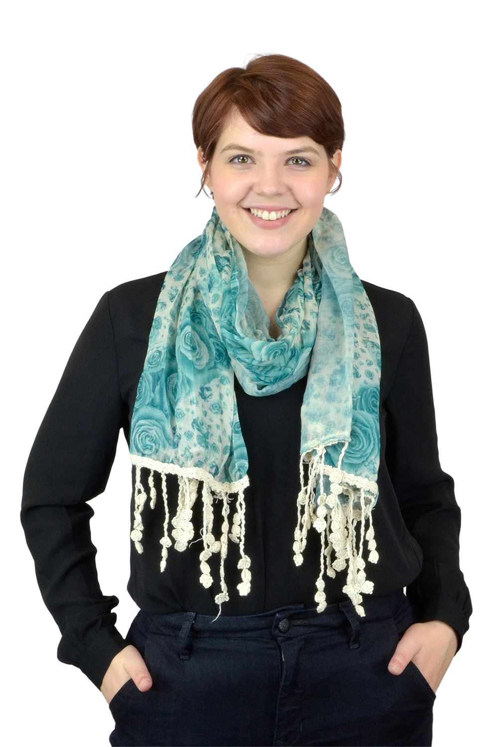 Belle Donne - Women Floral Scarf Viscose Scarves  Laced Scarf Head Scarf for Women - Turquoise Scarfs for Women