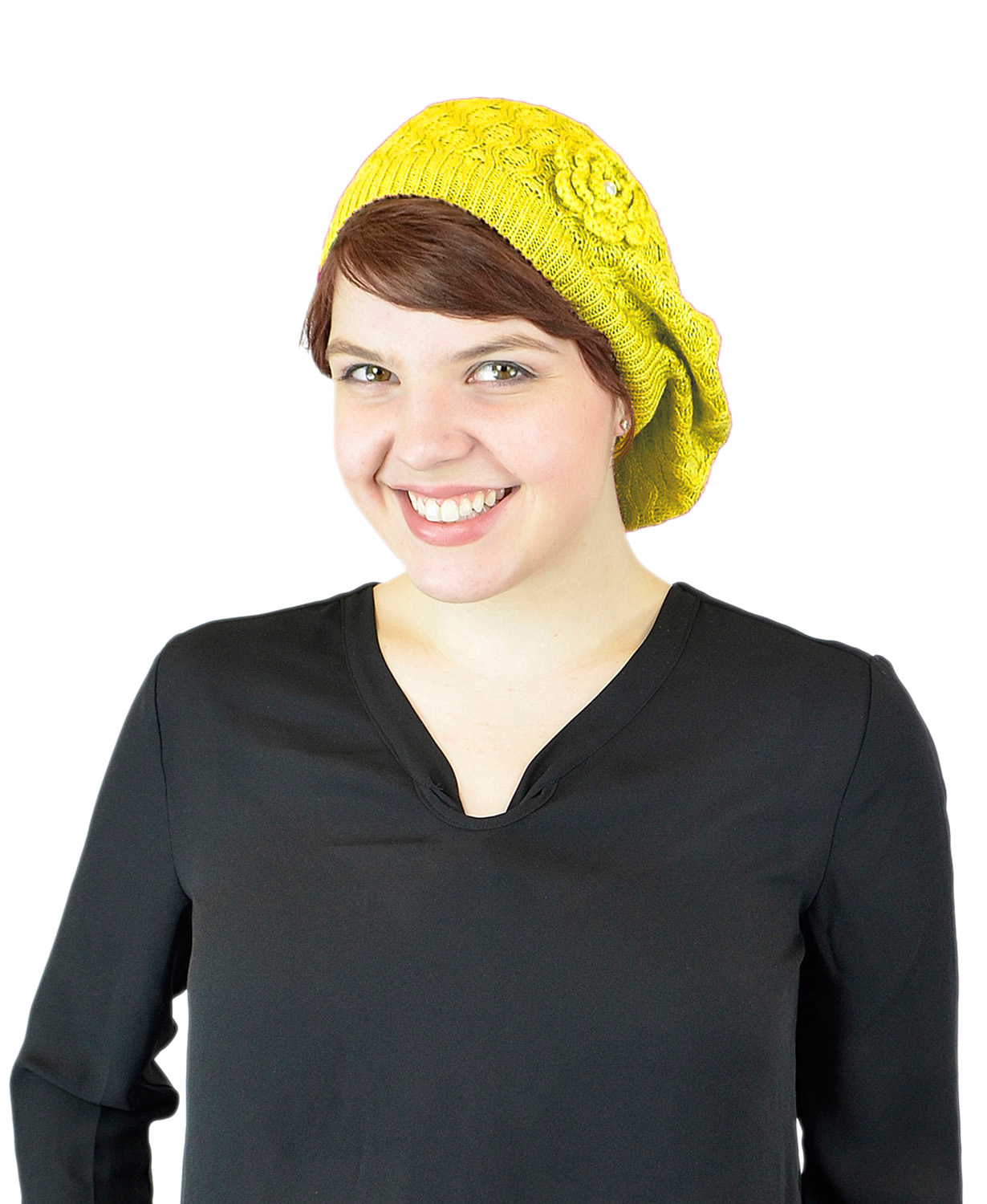 Belle Donne - Women's Mesh Crocheted Accented Stretch Beret Hat- Yellow