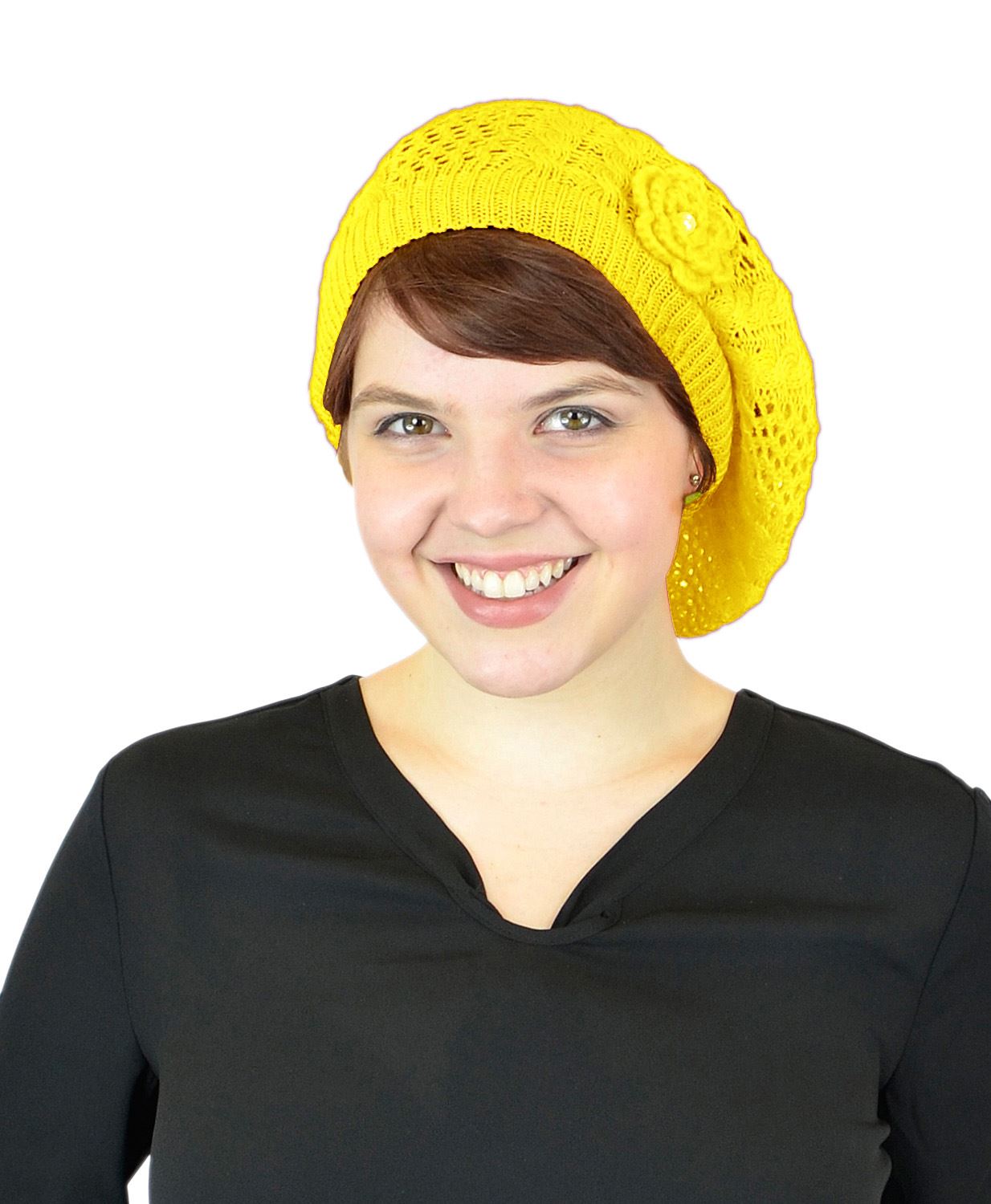 Belle Donne-Women's Mesh Crocheted Flower Accented Slouchy Beret Hat- Yellow