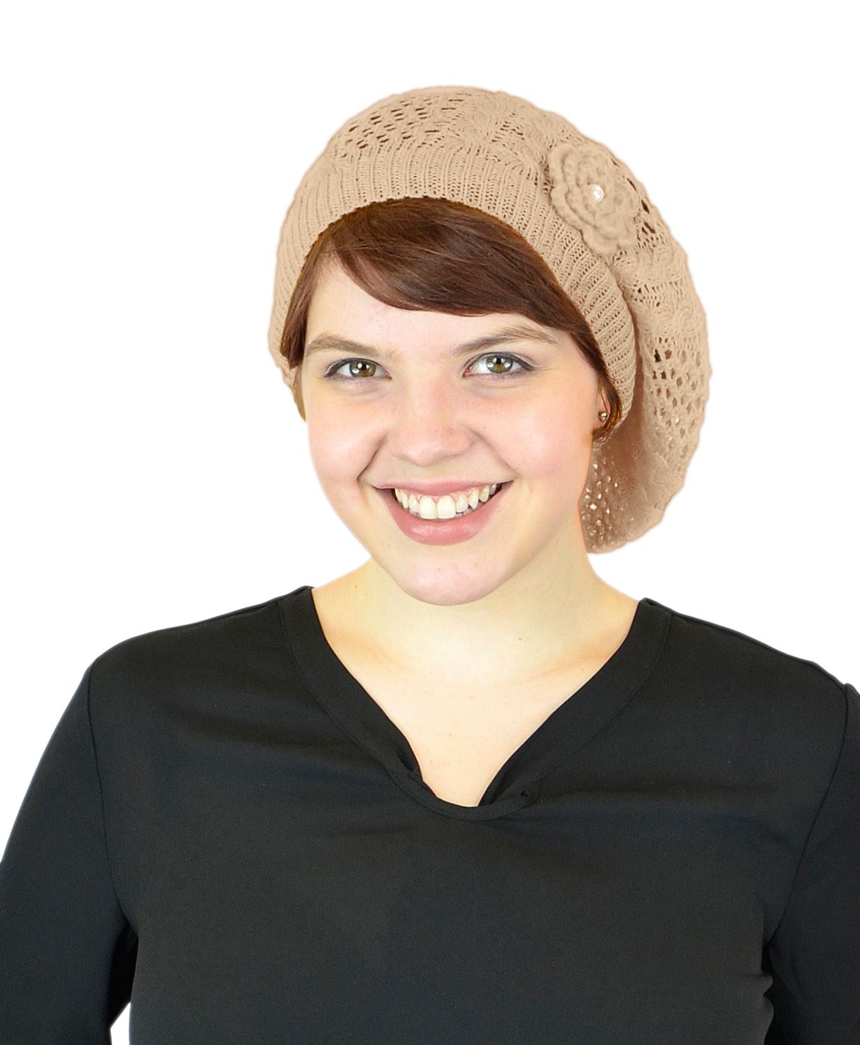 Belle Donne-Women's Mesh Crocheted Flower Accented Slouchy Beret Hat- Tan