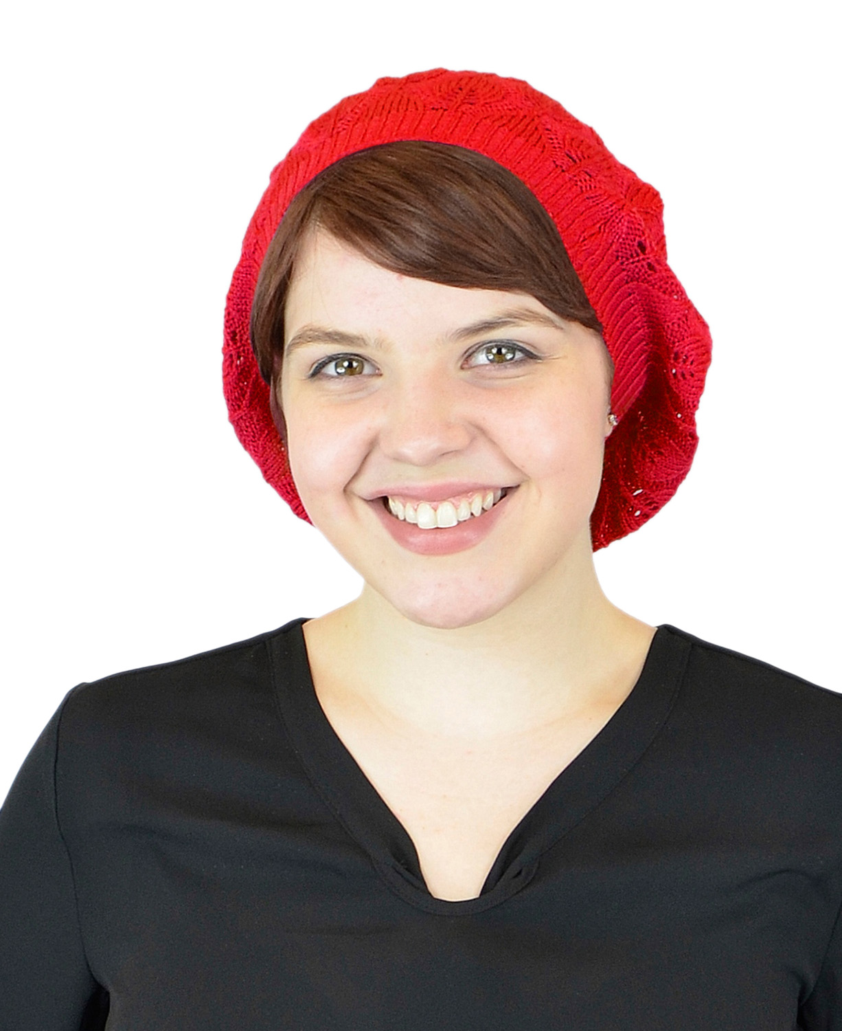 Belle Donne - Women's Mesh Crocheted Accented Stretch Beret Hat- Red 4020