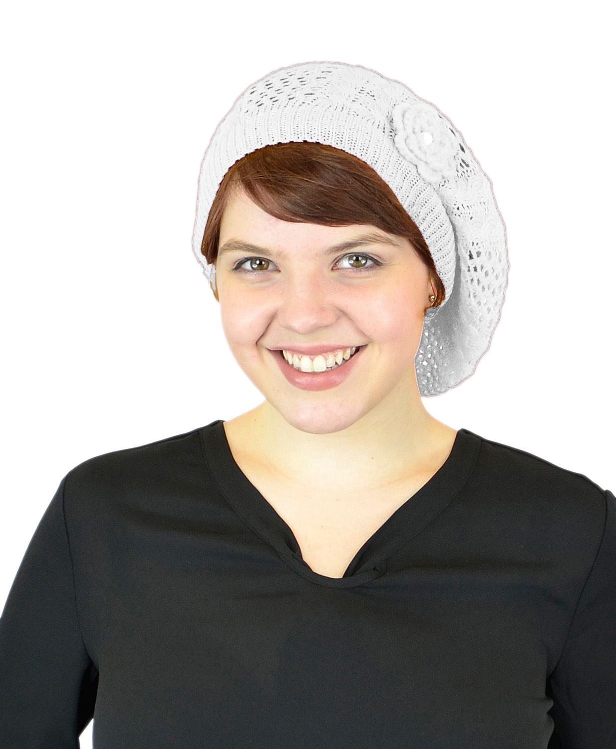 Belle Donne Women's Mesh Crocheted Flower Accented Slouchy Beret Hat- White