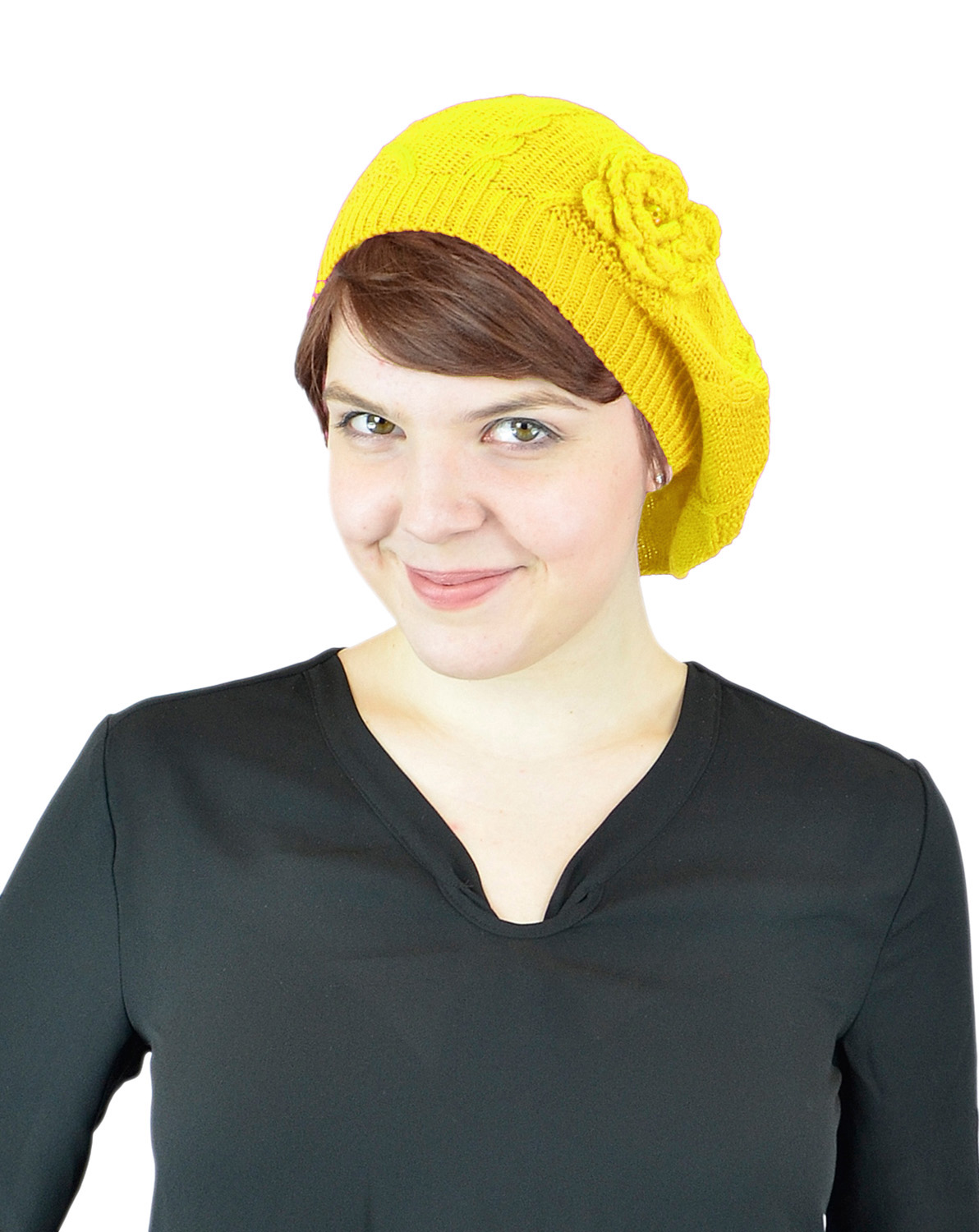 Belle Donne - Women's Mesh Crocheted Accented Stretch Beret Hat- Yellow 4082