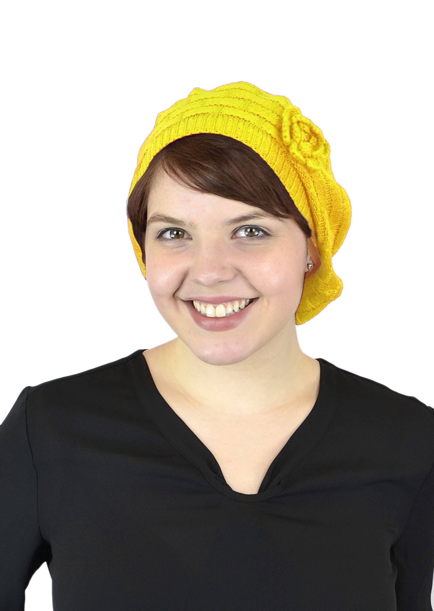 Belle Donne-Women's Mesh Crocheted Flower Accented Slouchy Beret Hat- Yellow