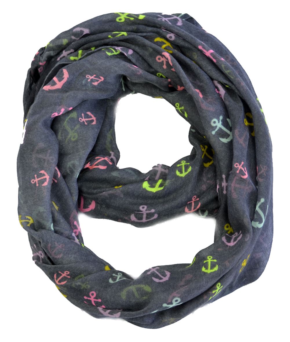Belle Donne - Lightweight Bright Color Anchor Printed Infinity Scarf in Charcoal