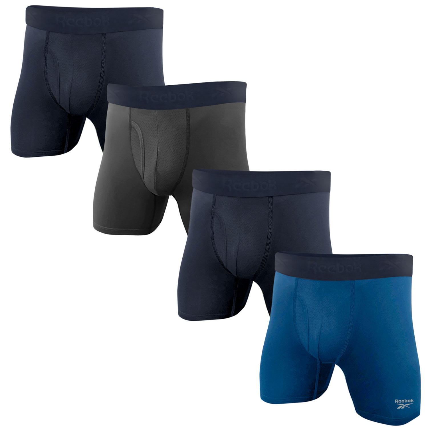 Reebok Mens 4 Pack Performance Boxer Briefs with Comfort Pouch - Navy/Grey/Navy/Blue Large