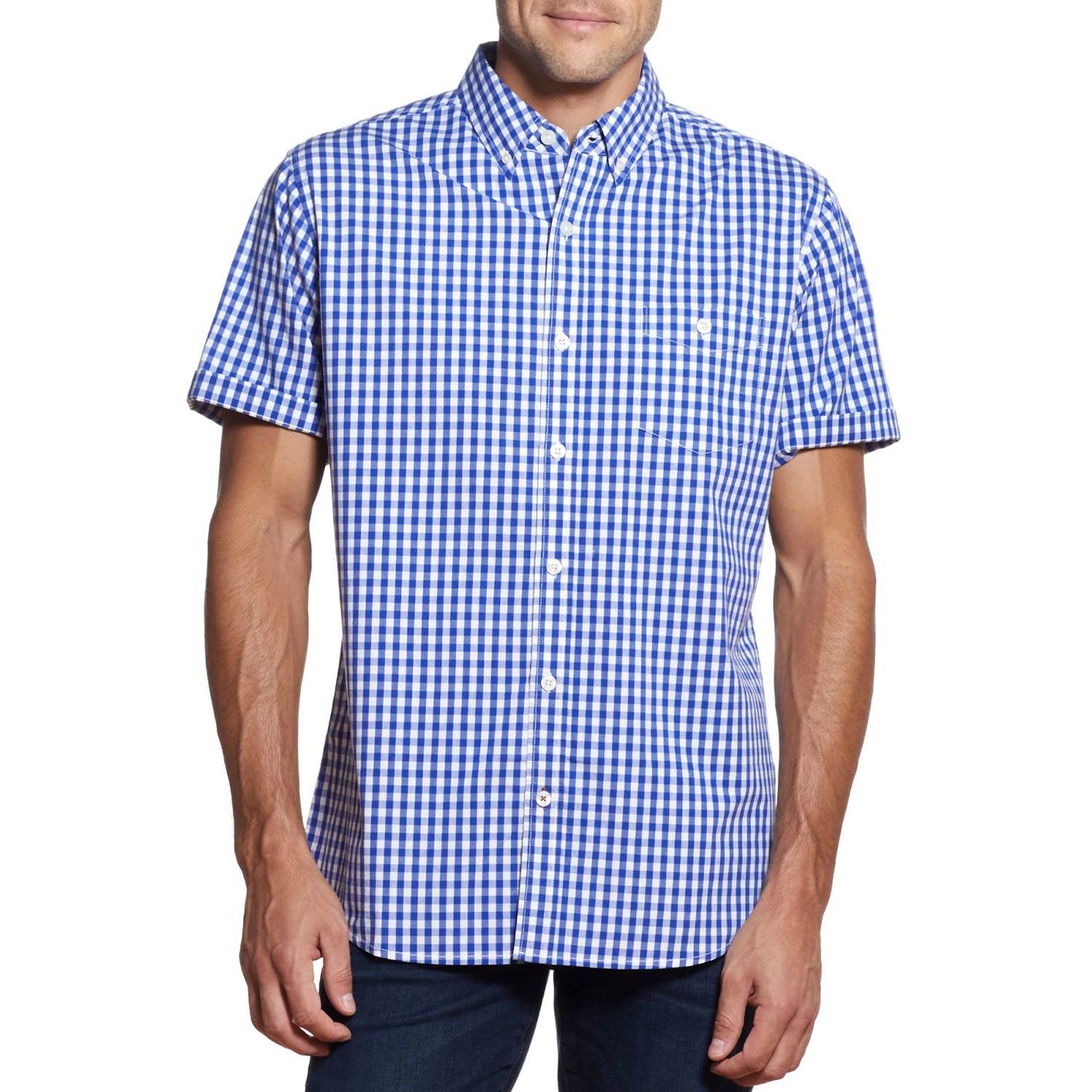 WP Weatherproof Men's Short Sleeve Woven Shirt | Button Down Casual Shirt | Poplin Neat Print & Gingham Check Plaid - Medium Blue Small