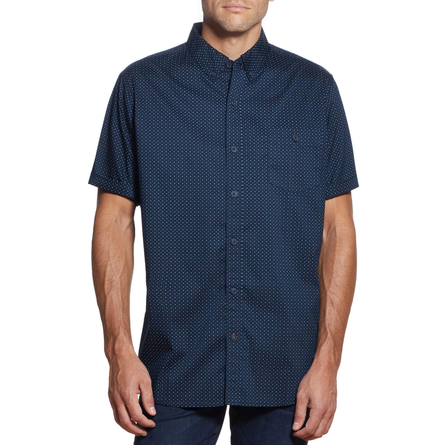 WP Weatherproof Men's Short Sleeve Woven Shirt | Button Down Casual Shirt | Poplin Neat Print & Gingham Check Plaid - Blue Small