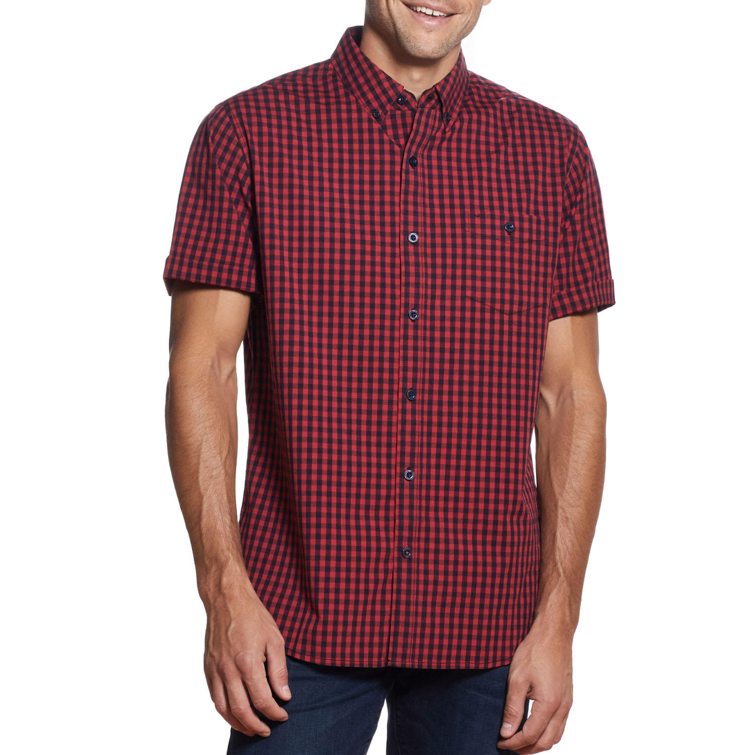 WP Weatherproof Men's Short Sleeve Woven Shirt | Button Down Casual Shirt | Poplin Neat Print & Gingham Check Plaid - Red Small