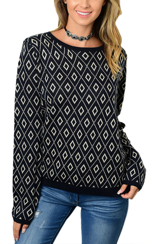 Belle Donne - Long Sleeve Knitted Sweater Cardigan Top - Navy Small