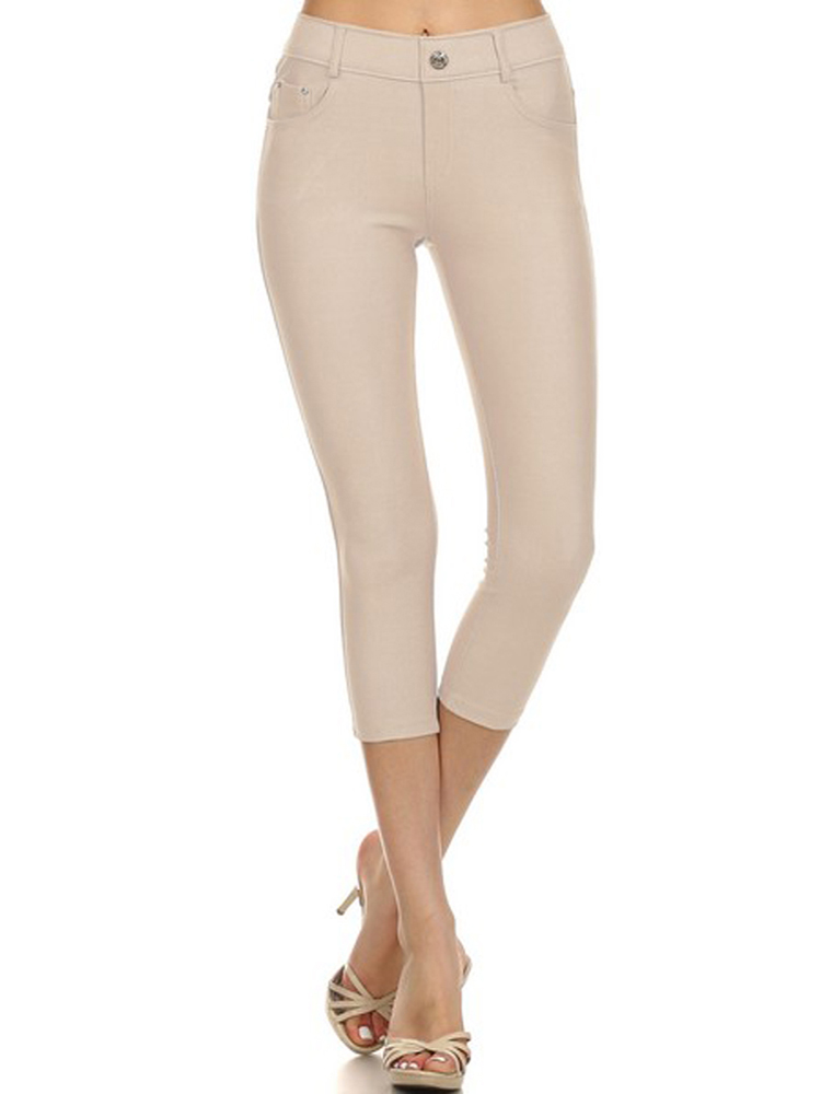 Womens Jeggings with Pockets Solid Color Capri Leggings by Belle Donne - Plus SIze Available - Camel Small