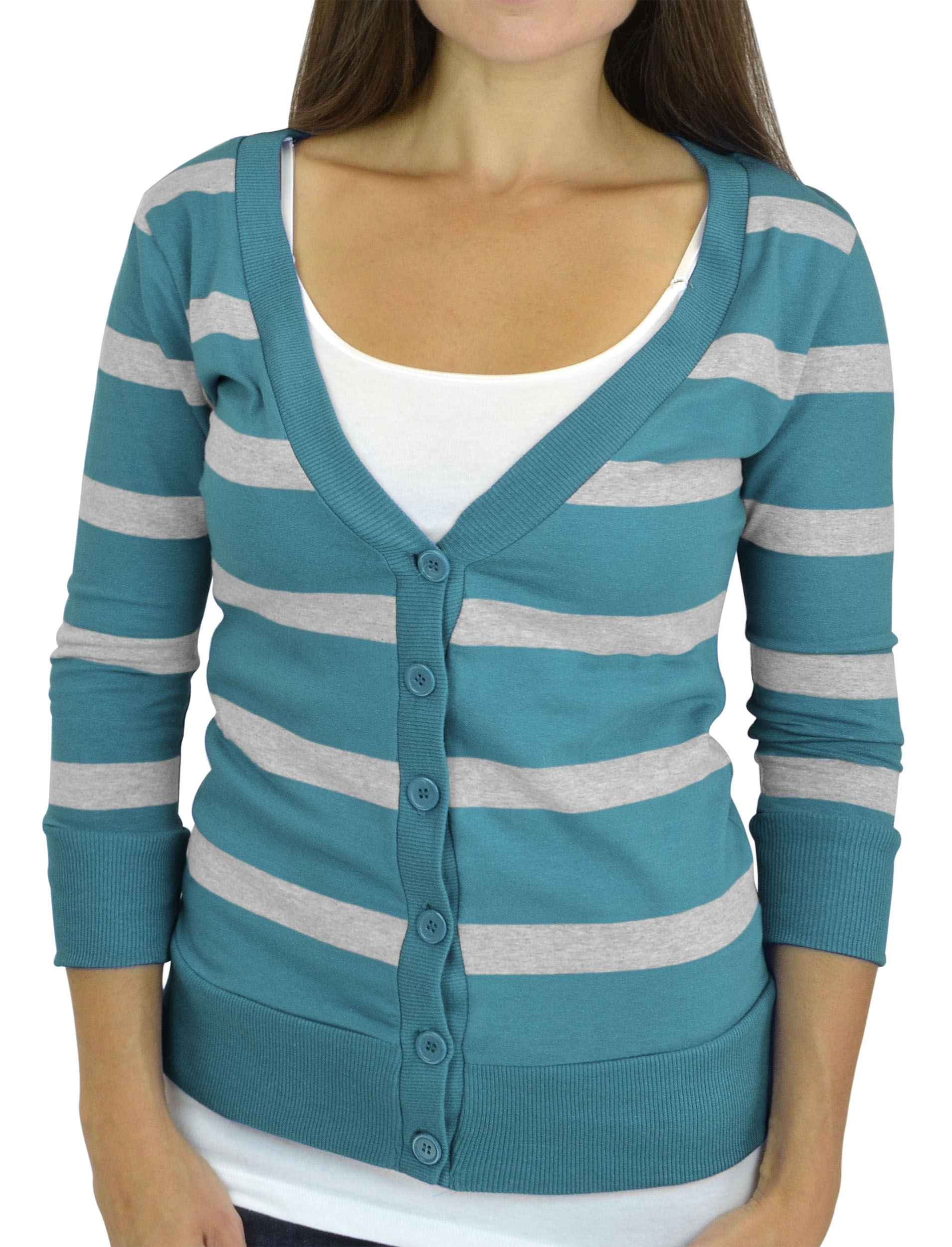 Belle Donne - Women / Girl Junior Size Soft 3/4 Sleeve V-Neck Sweater Cardigans - Teal/Small