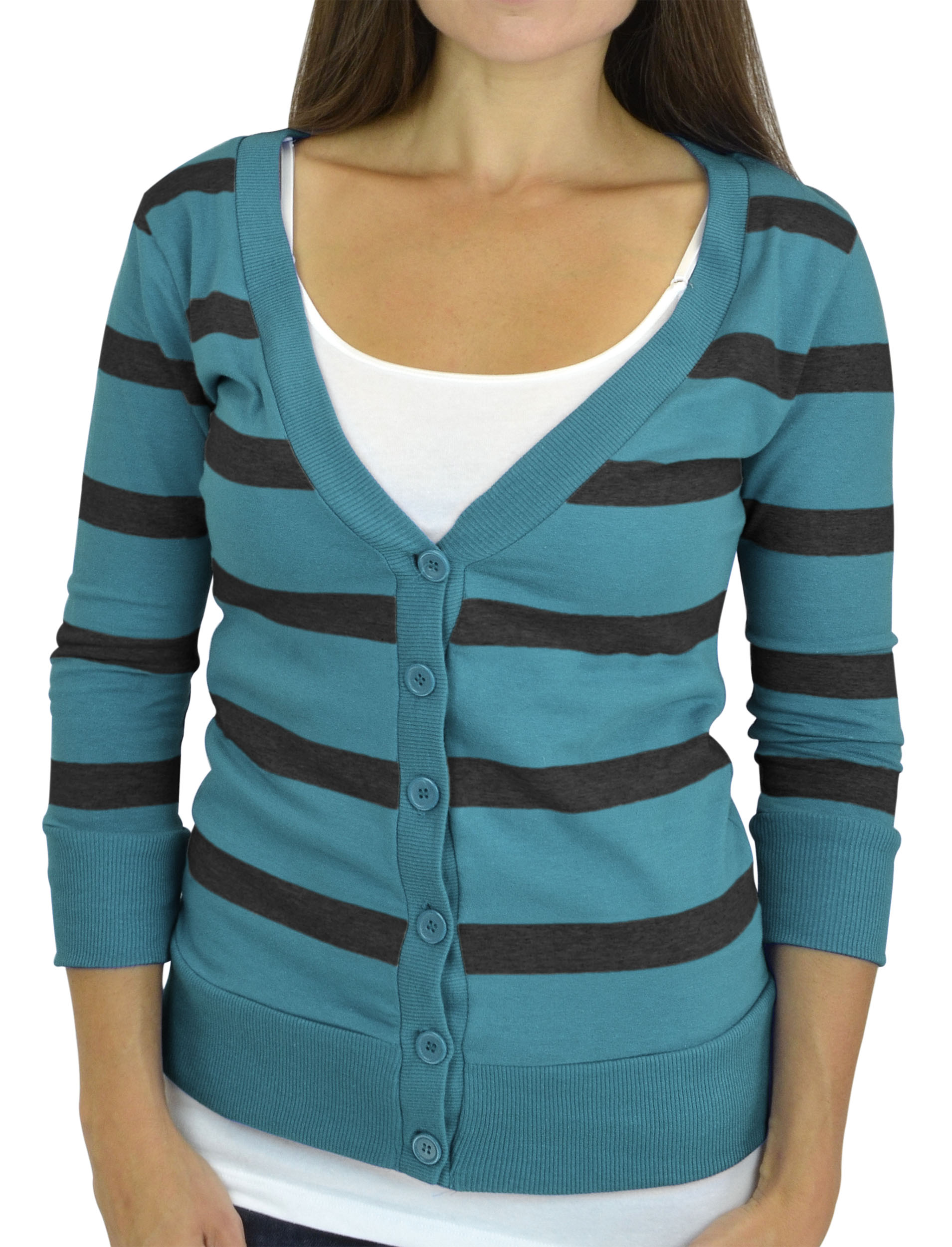 Belle Donne - Women / Girl Junior Size Soft 3/4 Sleeve V-Neck Sweater Cardigans - Black/Large