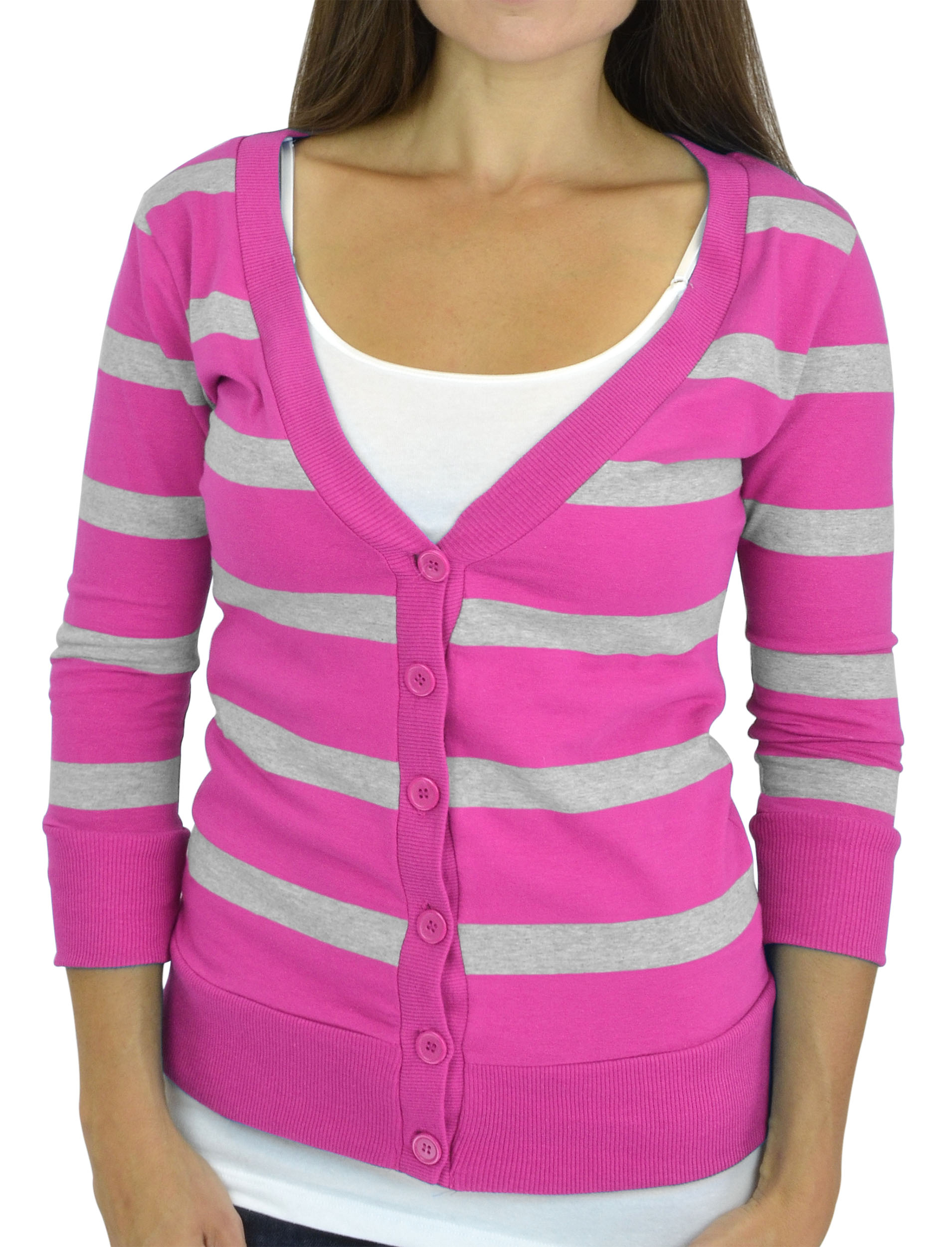 Belle Donne - Women / Girl Junior Size Soft 3/4 Sleeve V-Neck Sweater Cardigans - Heather Gray/Medium