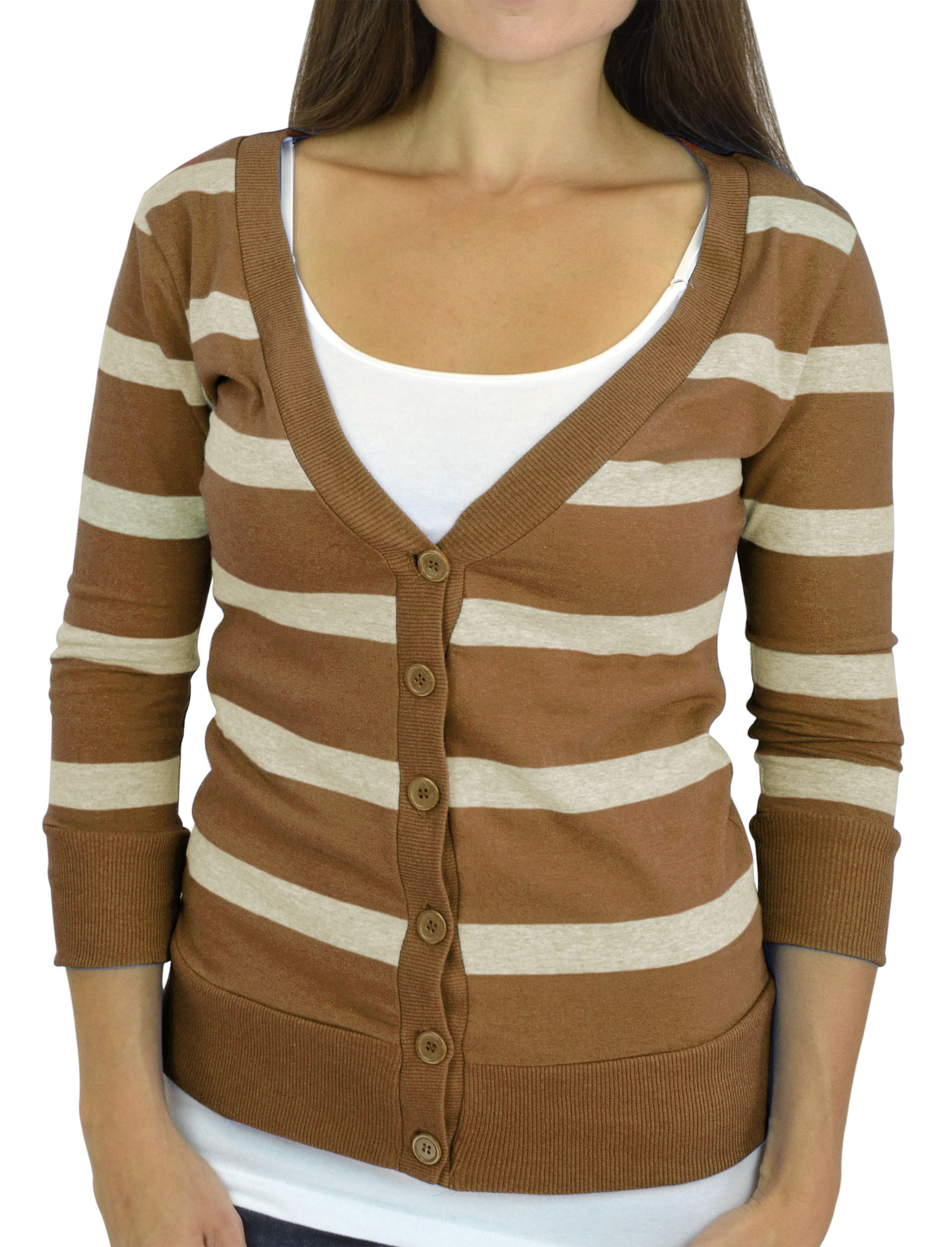 Belle Donne - Women / Girl Junior Size Soft 3/4 Sleeve V-Neck Sweater Cardigans - Heather Beige/Small