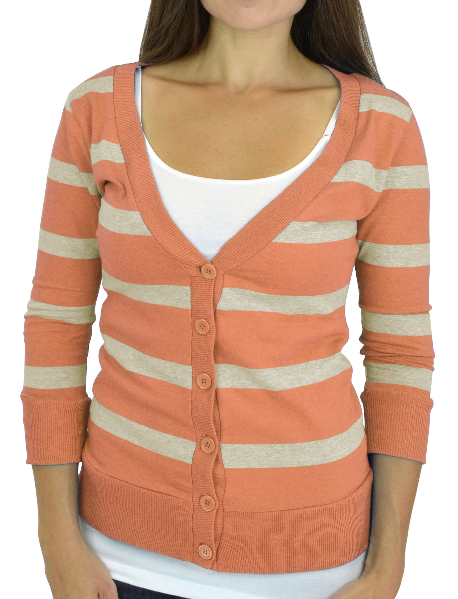 Belle Donne - Women / Girl Junior Size Soft 3/4 Sleeve V-Neck Sweater Cardigans - Peach/Small