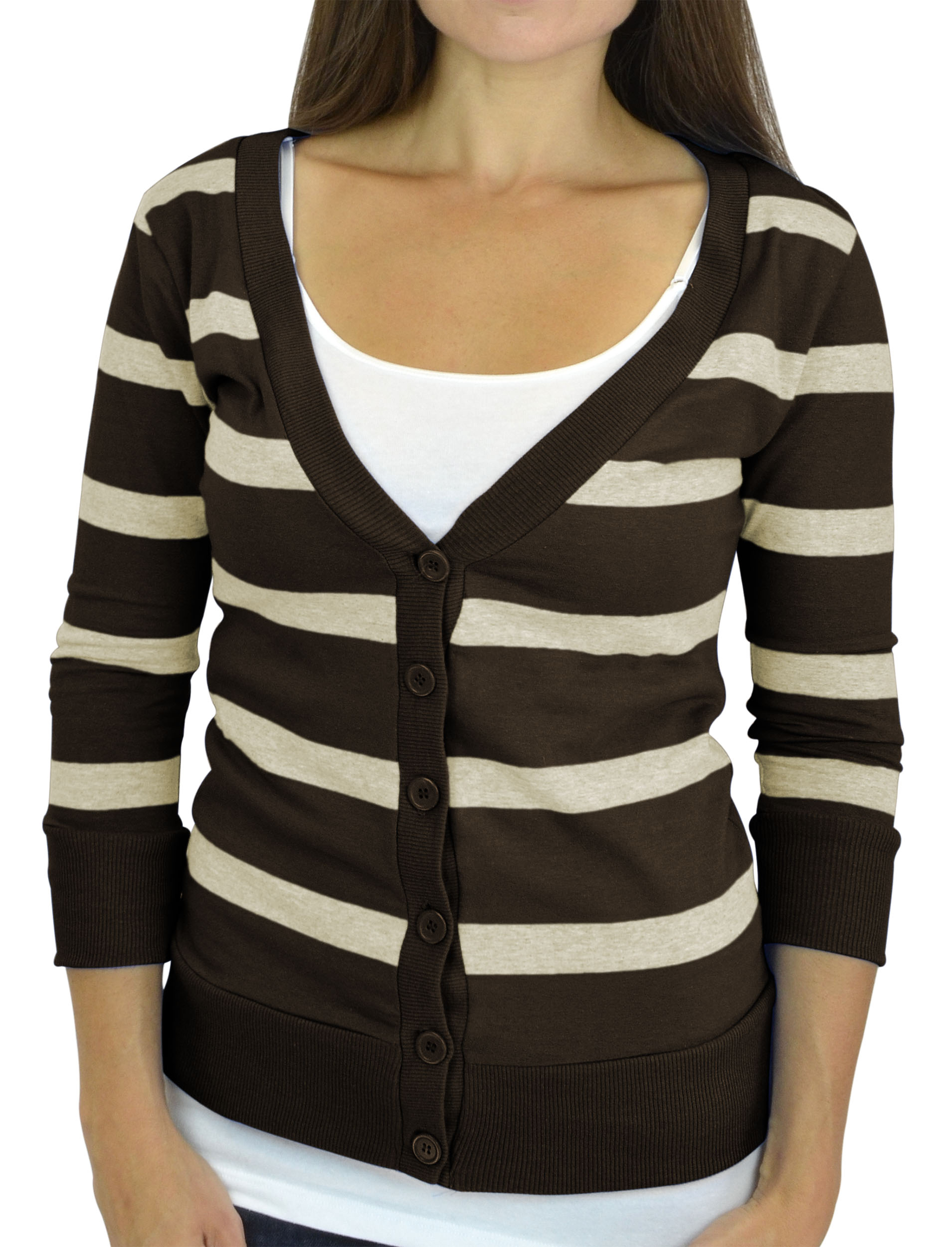 Belle Donne - Women / Girl Junior Size Soft 3/4 Sleeve V-Neck 6 Button Cardigans - Brown/Large