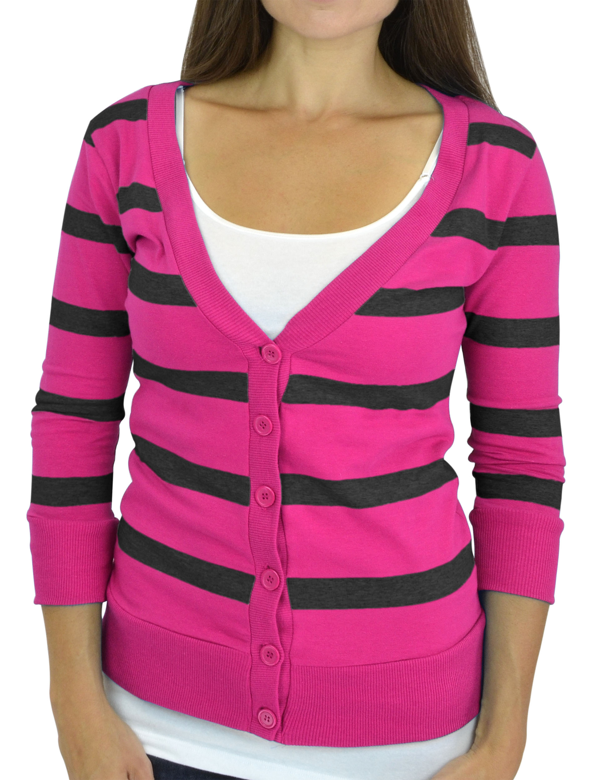 Belle Donne - Women / Girl Junior Size Soft 3/4 Sleeve V-Neck Sweater Cardigans - Black/Small