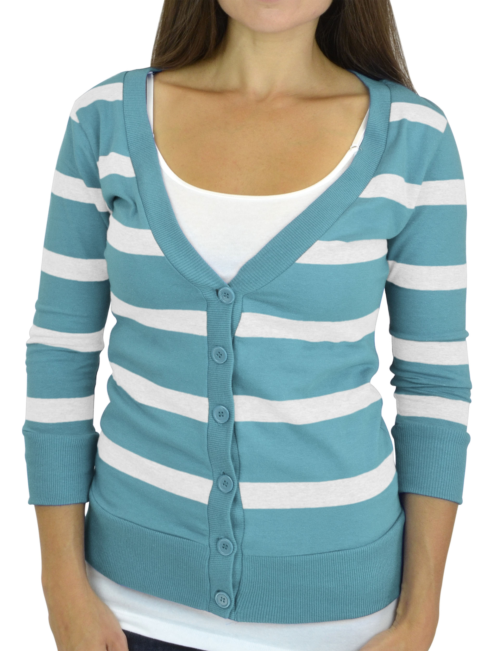 Belle Donne - Women / Girl Junior Size Soft 3/4 Sleeve V-Neck Sweater Cardigans - White/Medium