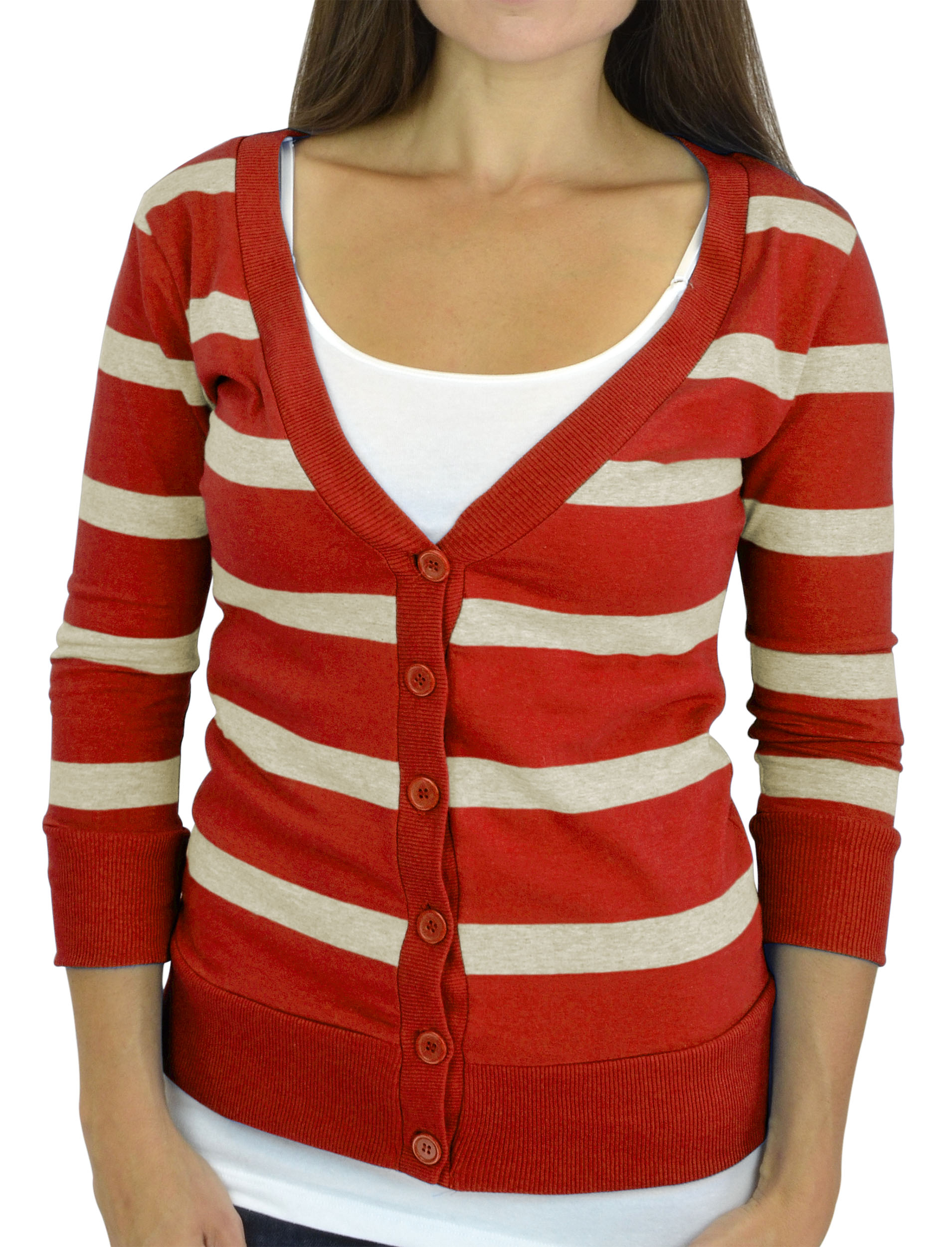 Belle Donne - Women / Girl Junior Size Soft 3/4 Sleeve V-Neck Sweater Cardigans - Heather Beige/Large